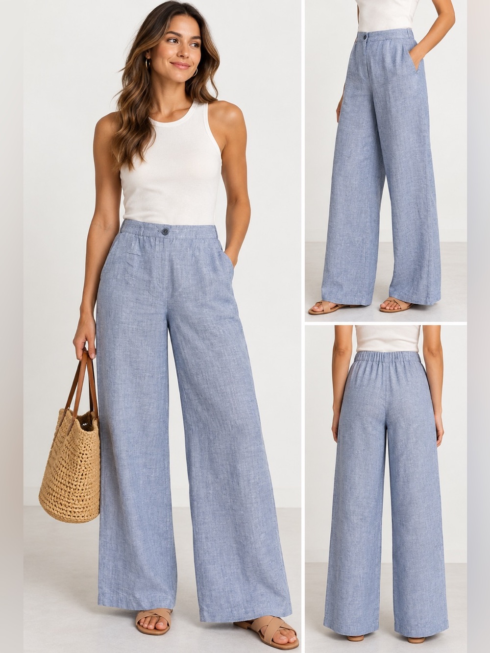 NIC+ZOE 100% linen pull on Light Blue Wide-Leg Linen-Blend Pants M
